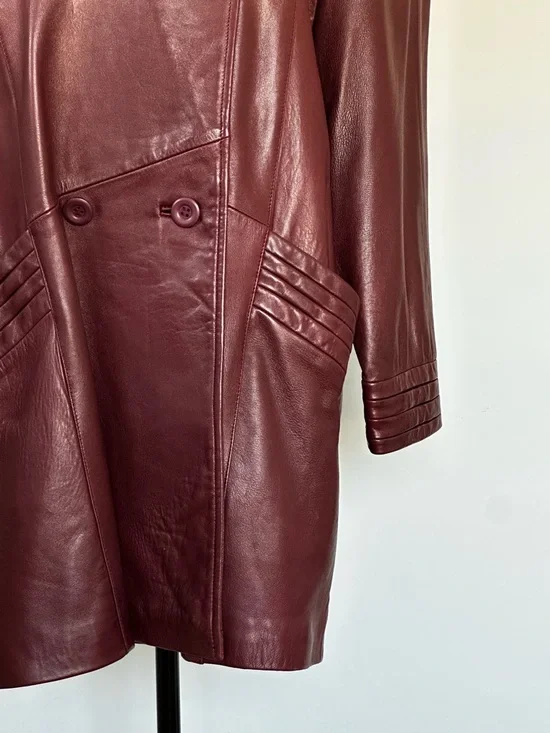 Vintage 1980s Buttery Soft Leather Coat | Funnel Neck | Burgundy - Picture 5 of 12